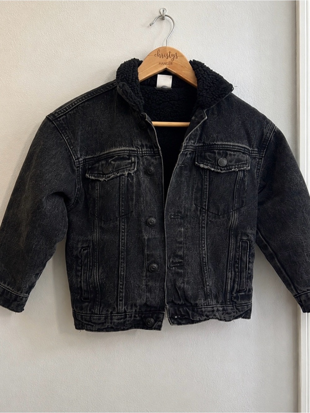 Zara Kids Black Sherpa-Lined Denim Trucker Jacket Size 7